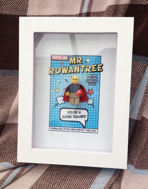 Box frame Super Teacher Lego figure, made for my sons teacher who loves comics! Teacher Lego Gift, Lego Teacher Gifts, Lego Teacher, Fancy Frames, Lego Frame, Thanks Teacher, Box Frame Art, Teachers Appreciation, Lego Gifts