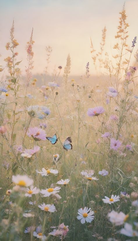 Pastel color painting of flowers, a serene meadow with wildflowers in soft pastel hues, butterflies fluttering around, inspired by countryside landscapes and vintage botanical prints. Beautiful Floral Background, Wild Flower Photography, Pastel Nature Aesthetic, Muted Pastel Aesthetic, Floral Wallpaper Iphone Vintage, Flowers Aesthetic Pastel, Soft Floral Aesthetic, Vintage Background Landscape, Pastel Flowers Aesthetic