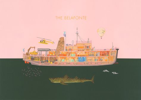 A cross section illustration of The Belafonte, the ship in Wes Anderson's film 'The Life Aquatic with Steve Zissou'. Also featuring the elusive Jaguar Shark. Colour pencil on card. Wes Anderson The Life Aquatic, Life Aquatic Poster, Wes Anderson Life Aquatic, The Life Aquatic Aesthetic, Life Aquatic Aesthetic, The Life Aquatic With Steve Zissou, Megan Poster, Wes Anderson Illustration, Wes Anderson Tattoo