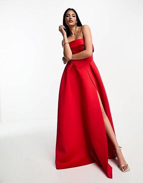 ASOS DESIGN bandeau corset structured skirt maxi dress in red | ASOS Black Tie Optional Attire, Am I The Drama, Structured Skirt, Red Corset, Valentino Dress, Skirt Maxi, Dinner Dress, The Drama, Trending Dresses