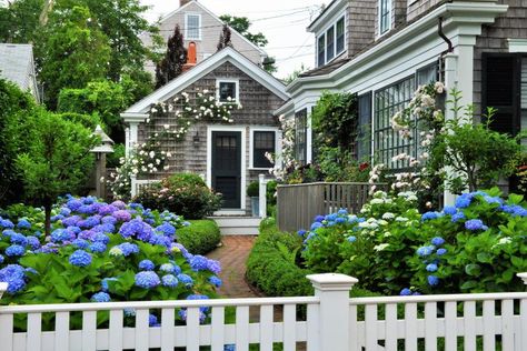 Nantucket Style Homes, Nantucket Cottage, Nantucket Home, Nantucket Style, Cottage Exterior, White Picket Fence, Beach Cottage Style, Charming Garden, Picket Fence