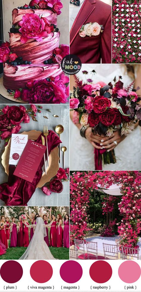 Colours For Wedding Theme, Berry Pink Wedding Theme, Magenta Theme Wedding, Dark Fuschia Wedding, Berry Color Wedding Decor, Coral And Fuschia Wedding, Red Scheme Colour Palettes, Viva Magenta Wedding Invitation, All Shades Of Pink Wedding