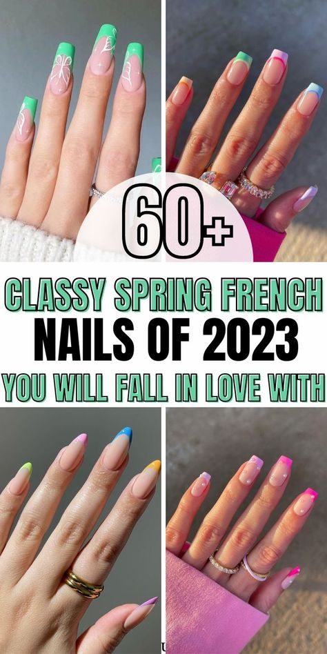 Are you into the trend of French nails and French tip nails of 2023? yet, you want to celebrate spring through the best spring nail design of all time? We've got you here the best spring French nails to add a spring twist to your French tip nails and upgrade your classic French nails manicure. We Heart It Nails, Nails Of 2023, French Manicure With A Twist, Summer French Nails, Short French Tip Nails, Cute Summer Nail Designs, French Manicure Designs, Bright Summer Nails, Spring Acrylic Nails