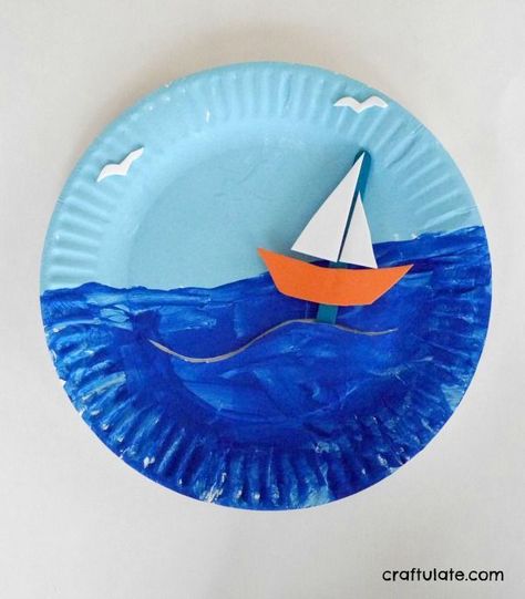 Paper Plate Boat Scene - a fun craft for kids with movable boat-except not on plate Vbs Activities, Preschool Artwork, Boat Craft, Library Crafts, Boat Crafts, Transportation Crafts, Paper Plate Crafts For Kids, Craft Kids, Grasshoppers