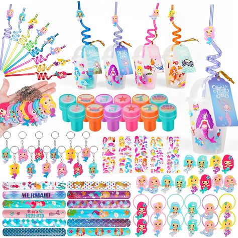 PRICES MAY VARY. 【ALL-IN-ONE】We have planned out the perfect novely mermaid themed party favors packs, including 12* reusable cups with dome lids, 12* reusable mermaid drinking plastic straws, 12* mermaid stampers, 12* mermaid hair ties, 12* thank you tags, 12* slap bracelets, 12* mermaid rings, 12* mermaid keychains, 12* 3D stickers, can be assemble to 12 unique gift cups filled with toys, will be a great hit for children's party. 【MAKE AN AMAZING GOODY BAG】We offer 12pcs cups with dome lids, 1 Mermaid Straws, Mermaid Drink, Mermaid Party Favors, Bracelet Keychains, Reusable Straws, Mermaid Theme Party, Girls Toys, Mermaid Parties, Mermaid Pattern