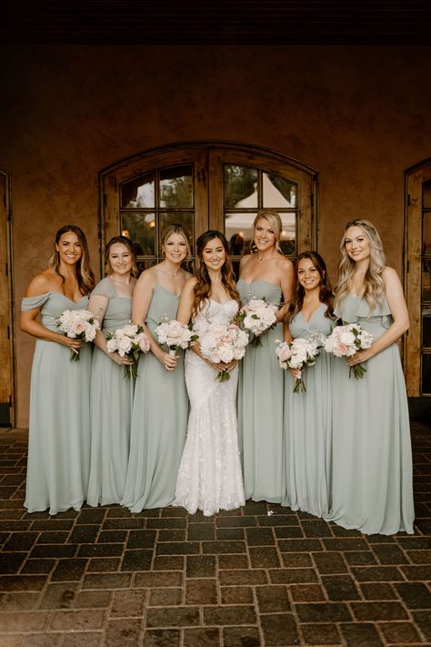 Pale Green Bridesmaids, Sea Foam Green Bridesmaids Dresses, Safe Green Bridesmaids Dresses, Green Wedding Aesthetic Bridesmaid Dress, 3 Bridesmaids Mismatched Green, Mint Green Wedding Theme Bridesmaid Dress, Bridesmaid Color Palette, Mint Green Bridesmiad Dresses, Sage Green Wedding Theme