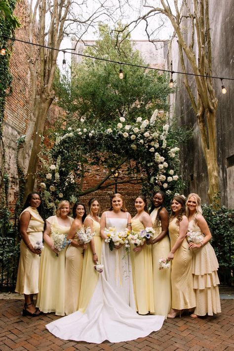 Pops of yellow brought charm to this colorful New Orleans wedding Pharmacy Museum Wedding, Yellow Wedding Colors, Wedding Planning Organizer, Yellow Wedding Theme, Pastel Bridesmaid Dresses, Nola Wedding, Easy Wedding Planning, Indie Wedding, Wedding Planning On A Budget