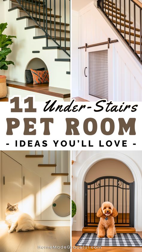 Transform that underutilized under-stairs nook into a cozy hidden cat room or dog nook for your furry companion. From creative storage solutions to playful cat huts and relaxing lounge areas, there are endless ways to maximize this space. Add stylish touches like washable bedding, crates, or a comfy play area, turning the under-stairs area into a perfect pet house that’s both practical and charming. Let’s dive in and create a pet haven your four-legged friend will adore! Under Stair Dog Crate, Under Steps Dog House, Pet House Under Stairs, Hall Closet Dog Room, Dog Crate Under Stairs Built Ins, Dog Room Basement, Decorating Under Stairs, Area For Dogs In House, Modern Dog Room