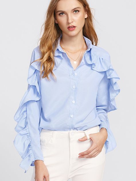 Frilled Shirt, Frill Shirt, Light Blue Prom Dress, Striped Shirts, Designer Bridesmaid Dresses, Fashion Tops Blouse, Blue Long Sleeve Shirt, Simple Blouse, Frill Sleeves