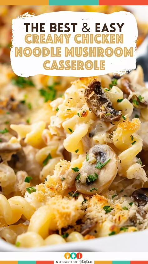 This Creamy Chicken Noodle Mushroom Casserole is the ultimate comfort food! Loaded with tender chicken, earthy mushrooms, and a velvety, cheesy sauce, it’s sure to be a hit with the whole family. Ready in just under an hour, it’s a quick, satisfying weeknight meal. Don’t forget to pin this recipe and give it a try tonight! Chicken Casserole With Mushroom Soup, Cream Of Mushroom Noodle Recipes, Chicken Mushroom Noodle Casserole, Chicken Mushroom Casserole Recipes, Shredded Chicken And Mushroom Recipes, Mushroom Noodle Casserole, Chicken And Mushroom Recipes, Chicken And Mushroom Casserole, Shredded Chicken Casserole