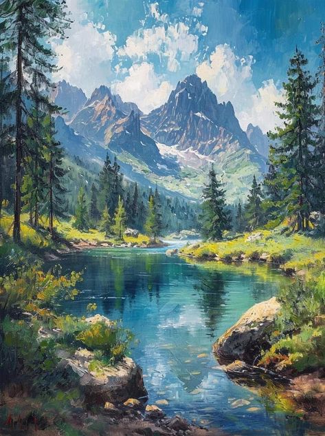 Acrylic Painting Canvas Scenery, Famous Landscapes, Oil Landscape Paintings, Mountain Oil Painting, Nature Landscape Painting, Beautiful Paintings Of Nature, Mountain Scape, Mountains Painting, Beautiful Landscape Paintings