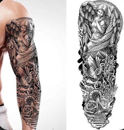 Men’s Shoulder Sleeve Tattoo, Angel Tattoo Sleeve Women, Time Sleeve Tattoo For Men, Two Sleeves Tattoo, Mens Tattoo Sleeve Filler Ideas, Men Shoulder Sleeve Tattoo, Tattoo Sleeve Collage, Tattoo Sleeve Themes For Men, Tattoo Full Arm Men