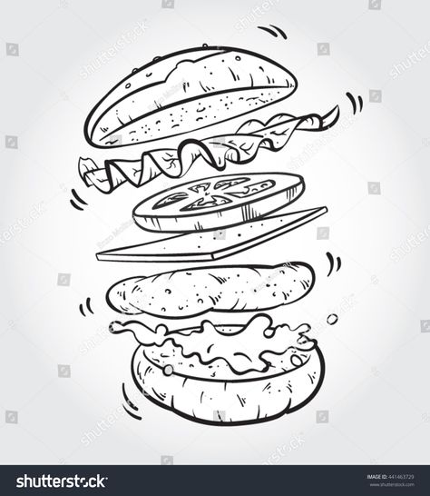 Hand drawn black and white line art vector illustration of jumping Burger ingredients; burger bun, lettuce, tomato slice, cheese, meat, mayonnaise. #Ad , #AD, #vector#art#jumping#illustration Burger Drawing, Burger Ingredients, Tomato Slice, Burger Vector, Burger Bun, Art Vector Illustration, Black And White Line Art, White Line Art, Drawing Examples