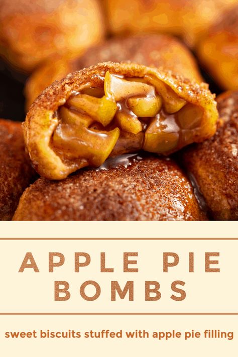 These easy Apple Pie Bombs are canned biscuits stuffed with apple pie filling, baked with a sweet cinnamon sugar topping and served warm with vanilla ice cream! #ApplePieBombs #Apple #ApplePie #AppleBombs #Dessert #Recipe #AppleRecipes #FallRecipes Apple Pie Stuffed Cinnamon Rolls, Apple Pie Filling And Cinnamon Roll Dessert, Biscuits And Apple Pie Filling, Cinnamon Rolls Apple Pie Filling Heavy Cream, Apple Pie Bombshell, Apple Biscuits, Novice Chef, Canned Apple Pie Filling, Desserts With Biscuits