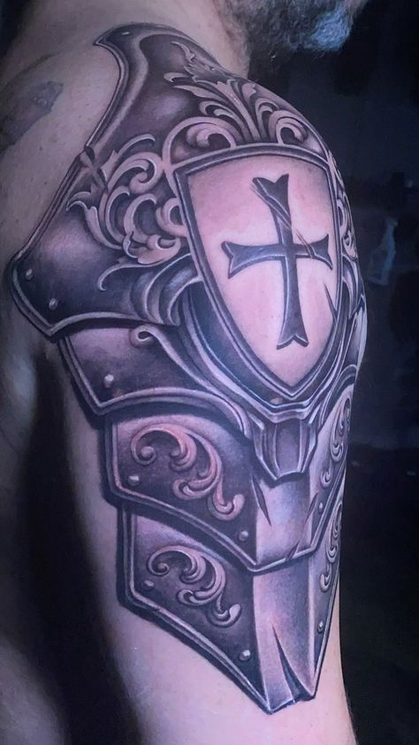 Knight Shoulder Tattoo, Armor Tattoos For Men, Armour Of God Tattoo Men, Armor Shoulder Tattoo, Shield Tattoos For Men, Armor Tattoo Design, Shoulder Armor Tattoo Design, Armor Sleeve Tattoo, Body Armor Tattoo