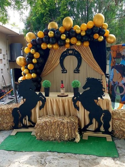 Horses Party Decorations, Black And Gold Western Party, Cowboy Mexican Theme Party, Vaquera Birthday Party Ideas, Ranchera Theme Party, Ranchero Decorations, Tejano Party Theme, Jaripeo Theme Party, Horse Theme Party Ideas