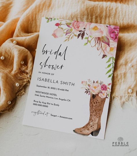 Celebrate the bride-to-be with our Rustic Floral Cowgirl Bridal Shower Invitation, perfect for a country western-themed event. Featuring beautiful floral accents and a cowgirl touch, this invitation is fully customizable with personalized text using Corjl, making it easy to tailor for your special day. ✅ FREE DEMO Copy and paste the URL below to demo: https://www.corjl.com/d/CMO5H WHAT YOU WILL RECEIVE ---------------------------------------------- Customizable template(s) for the following item(s): -- - Rustic Floral Cowgirl Bridal Shower Invitation Size: 5x7'' Please note that you will not receive anything in the mail. Nothing physical will be shipped. ---------------------------------------------- ** HOW IT WORKS ** Purchase your template and receive an email from Corjl within minutes. Cowgirl Bridal Shower Ideas, Western Bridal Shower Ideas, Shower Goals, Cowgirl Bridal Shower, Western Bridal Showers, Bohemian Bridal, Cowgirl Boot, Invitation Pink, Cowgirl Hat