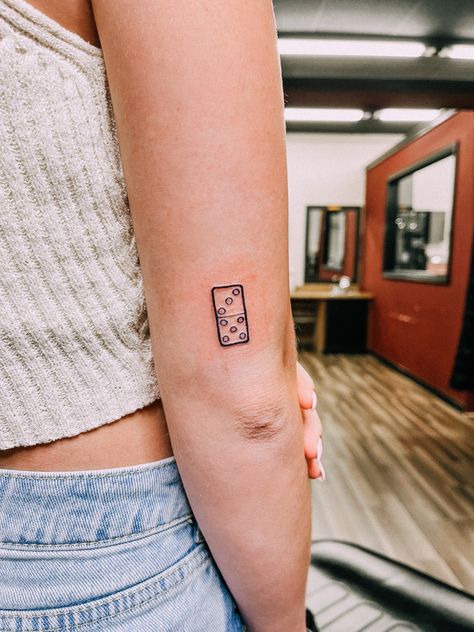 Domino’s Tattoo, Dominos Tattoo Ideas, Scrabble Tile Tattoo, Uno Card Tattoo, Domino Effect Tattoo, Board Game Tattoo, Uno Tattoo, Domino Tattoo, Simple Leg Tattoos