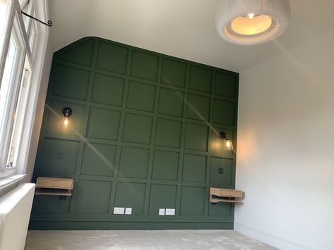 Panelled Walls Green, Panelled Walls Sloped Ceiling, Loft Conversion Bedroom Panelling, Bedroom Green Panelling Wall, Emerald Panelling Bedroom, Green Panelled Bedroom, Panelled Walls Bedroom Green, Green Panelled Wall, Panneling Rooms Bedroom Green