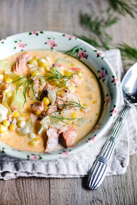 Salmon and Corn Chowder | The View from Great Island Salmon And Corn, Salmon Soup, Salmon Chowder, Recipe Salmon, The View From Great Island, Cozy Dinner, Seafood Soup, Chowder Recipes, Corn Chowder