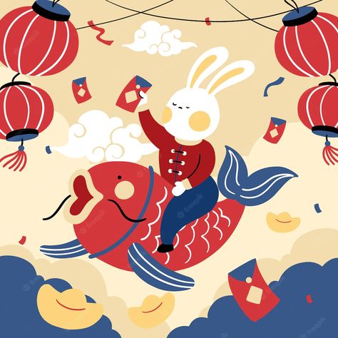 Lunar New Year Illustration 2024, Chinese New Year Cute Illustration, Happy Lunar New Year 2024 Design, Celebration Color Palette, Chinese Illustration Art, Tet Illustration, Cny Illustration, Lunar New Year Illustration, Chinese New Year Graphic