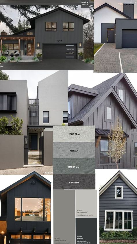 Ideas for grey paint exterior walls Grey Paint Exterior, Painting Ideas For House, Colores Para Casa Exterior Ideas, Ideas For House, Exterior House Colors With Brown Roof, Brown Roof, Wood Exterior Door, Exterior Painting, Grey Exterior