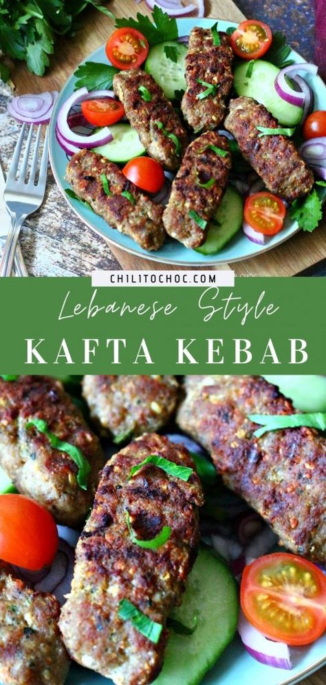 Lebanese Kafta Kebab Arabic Kebab Recipe, Lebanese Beef Kabob, Lebanese Kabob Recipes, Kafta Meat Recipe, Middle Eastern Kebab Recipes, Lebanese Menu Ideas, Beef Kafta Recipe, Middle Eastern Kabob Recipes, Middle Eastern Kabobs