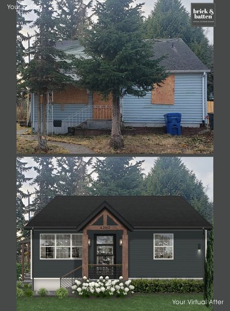 1950s Exterior Update, Update Front Of House, 1950s House Exterior Makeover, Ugly House Makeover Exterior, Fence Around House, House Skirting Ideas, 1950 House Exterior, Small Ranch House Exterior, Exterior House Makeover