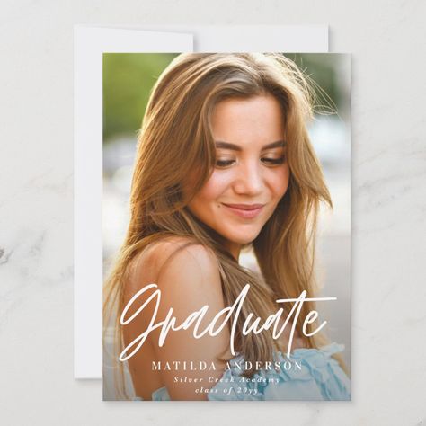 Geometric blue photo graduation elegant script announcement High School Graduation Party Invitations, Graduation Announcements High School, Photo Graduation Announcement, Modern Postcard, High School Graduation Party, Graduation Party Invitation, Black Invitation, Graduation Announcement, Simple Photo