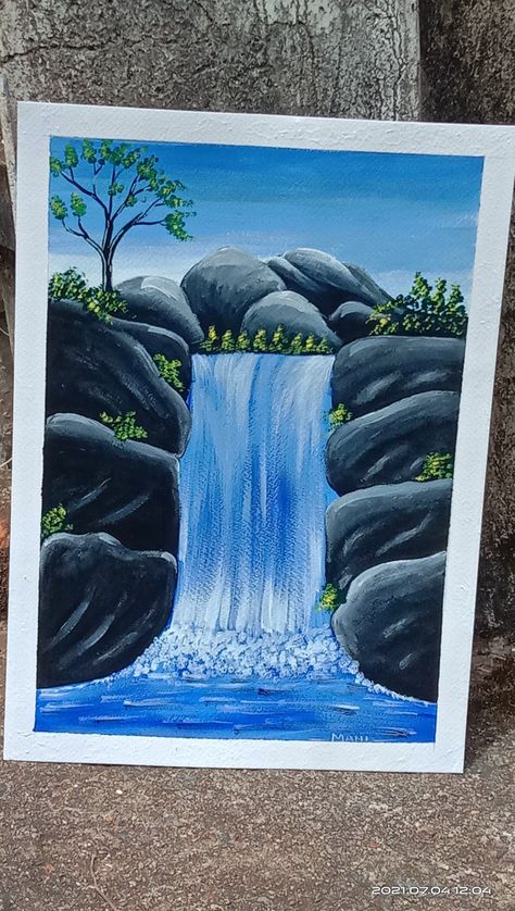 Waterfalls Drawing, Waterfall Drawing, Nature Canvas Painting, Waterfall Paintings, Acrylic Painting Ideas, Easy Acrylic Painting, Art Village, Art Basics, Canvas Drawing