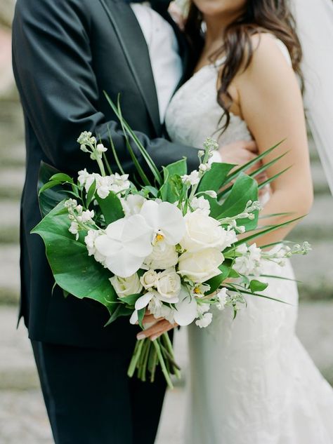 Bouquet Reference, Rose Bridesmaid Bouquet, Tropical Bridal Bouquet, Bouquets Ideas, Tropical Glam, White Rose Bouquet, Kauai Wedding, Green Bouquet, Dole Whip