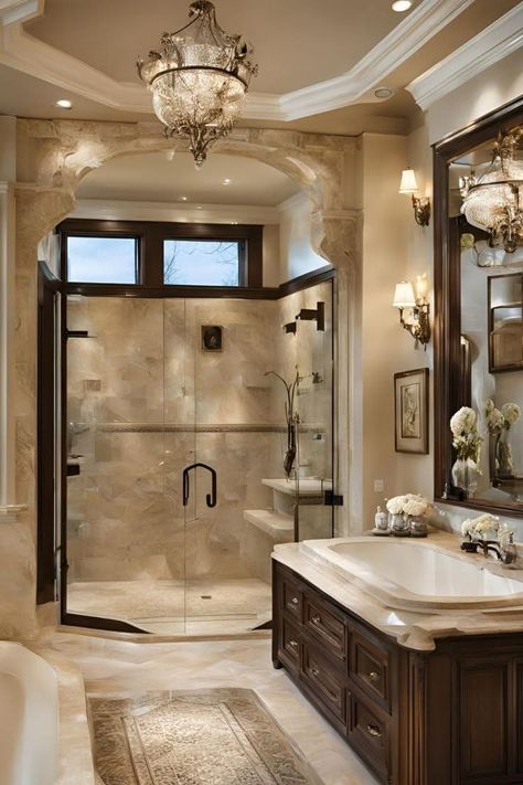 Tuscan Style Bathroom Ideas, Suburban House Interior Bathroom, Royal Bathroom Aesthetic, Beautiful Bathrooms Master Baths, Old Italian House Interior, Old Money Bathroom, Tuscan Style Bathroom, Persian Bathroom, Hotel Inspired Bathroom