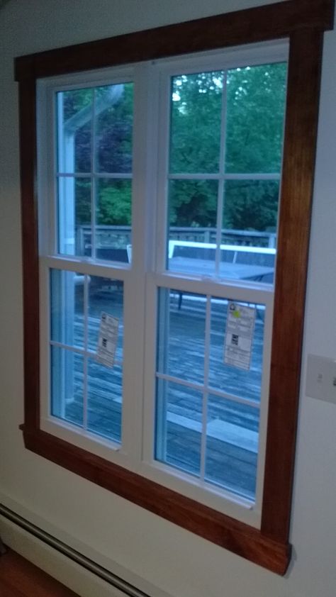 White Vinyl Windows With Wood Trim, Black Window With Wood Trim, Walnut Window Trim, Stained Wood Window Trim, White Windows With Wood Trim, Stained Window Trim, Wood Windows White Trim, Craftsman Trim Interior, Wood Window Trim