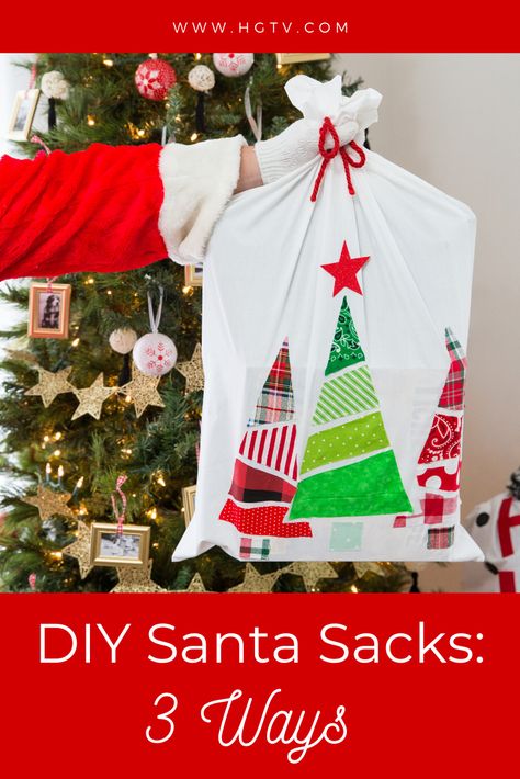 3 DIY Santa Sacks for Christmas Presents | HGTV.com Diy Santa Sack Pattern, Santa Bags Diy, Santa Sack Ideas, Christmas Sacks Diy, Diy Santa Sack, Diy Christmas Sacks, Santa Sacks Diy, Santa Sack Pattern, Grandma's Cottage