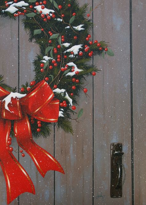 Christmas Door Painting, Christmas Wreath Painting Acrylic, Door Acrylic Painting, Painted Christmas Cards, Painted Doors, Christmas Door, Christmas Art, Christmas Wreath, Door Wreaths