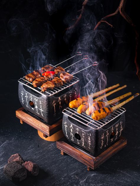 japanese #foodphotogrpahy #yakitori darkfoodphotography Yakitori Photography, Yakitori Grill, Robata Grill, Japanese Food Photography, Bbq Shop, Food Photography Composition, Mini Grill, Bar Shed, Food Photoshoot