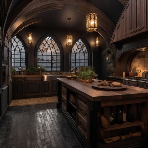 Dark Goth Interior Design, Dark Themed Interior Design, Gothic Kitchen Design, Black Gothic Kitchen, Castle Themed House, Gothic Cottagecore Kitchen, Victorian Interior Design Kitchen, Dark Acedamia House Interior, Victorian Gothic Kitchen Ideas