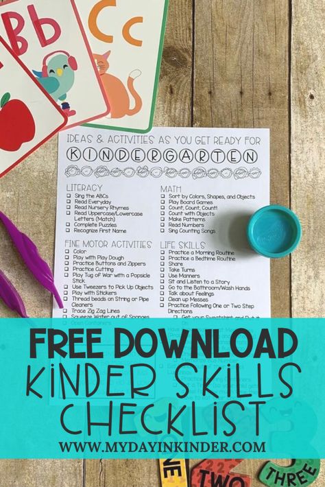 Kindergarten Skills Checklist: Getting Ready for Kindergarten Kindergarten Skills Checklist, Kindergarten Readiness Checklist Free, Ready For Kindergarten Checklist, Nursery Rhyme Math, Kindergarten Checklist, Kindergarten Readiness Checklist, Kindergarten Skills, Teacher Classroom Decorations, School Goals