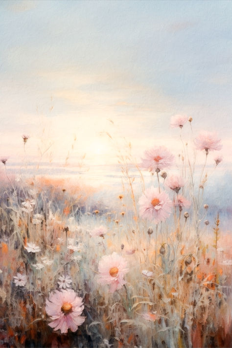 A vintage inspired painting of pink wildflower field in the countryside. Muted Bedroom, Apartment Prints, Wildflowers Painting, Inspired Painting, Wildflower Paintings, Wildflower Field, Floral Wallpaper Iphone, Country Landscape, Angel Painting