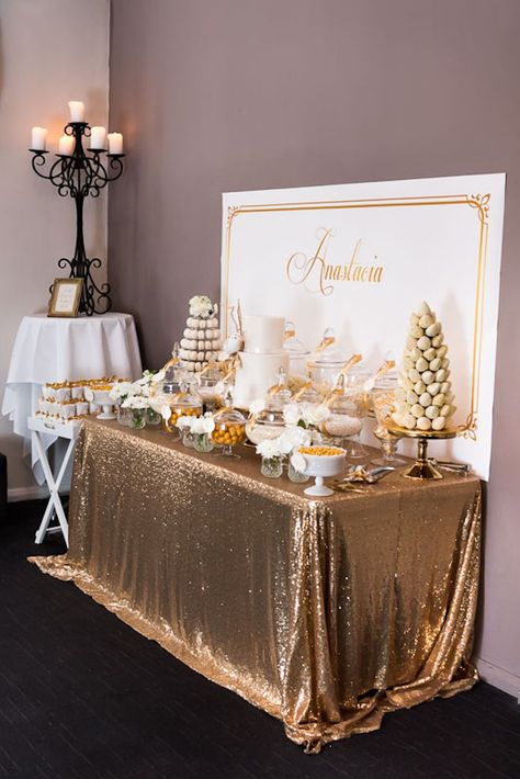 Elegant Gold + White Baptism Party via Kara's Party Ideas KarasPartyIdeas.com #goldandwhitebaptismdesserttable (36) Tafel Decor, Golden Birthday, Baptism Party, Candy Table, 30th Birthday Parties, 50th Wedding Anniversary, Karas Party Ideas, Gold Party, 50th Wedding