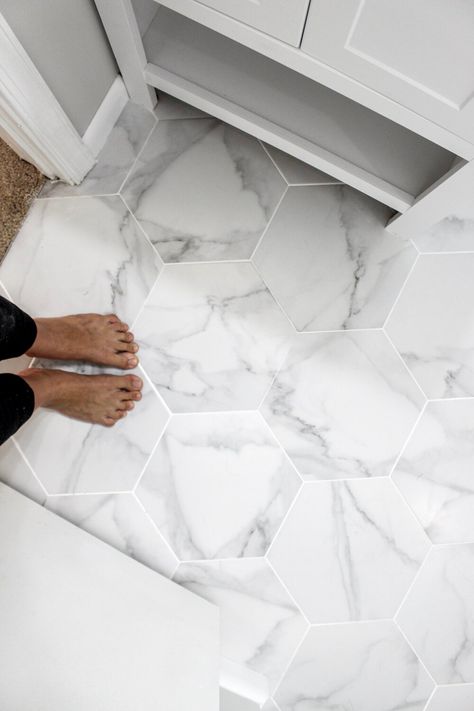 Hexagon Floor Tile, Interior Hallway, Hexagon Floor, Hexagon Tile Floor, Bathroom Picture, Bathroom Remodel Designs, Bathroom Remodel Shower, Downstairs Bathroom, Small Bathroom Ideas