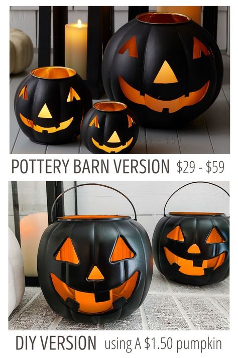 DIY Pumpkin lanterns. Recreate these Potterybarn pumpkin lanterns for a whole lot less. Diy Pumpkin Porch Decor, Pumpkin Man Halloween Decoration, Diy Lighted Pumpkins, Plastic Pumpkins Diy, Pumpkin Buckets Decoration, Outdoor House Halloween Decor, Plastic Halloween Pumpkin Ideas, Diy Pumpkin Lanterns, Pumpkin Lanterns