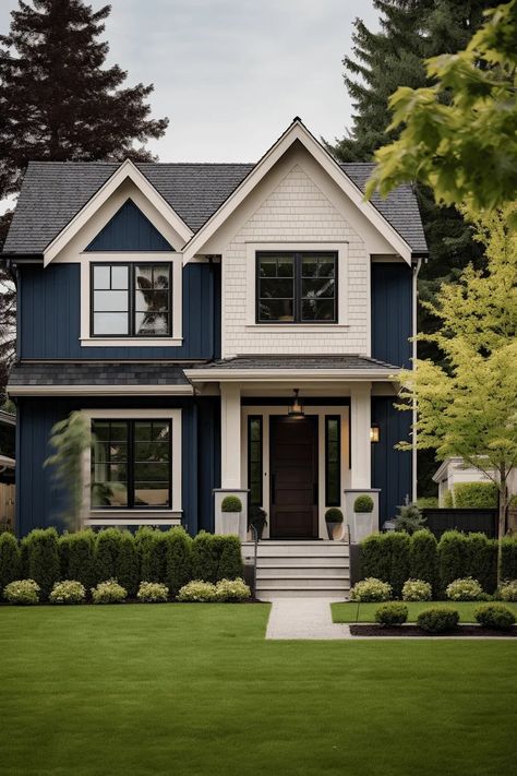 Dark Blue Houses Exterior, White Cottage Exterior, Dark Blue House Exterior, Dark Blue Houses, Home Color Ideas, Dark Blue Paint, Cottage Exterior, Interior And Exterior Design, Black Windows