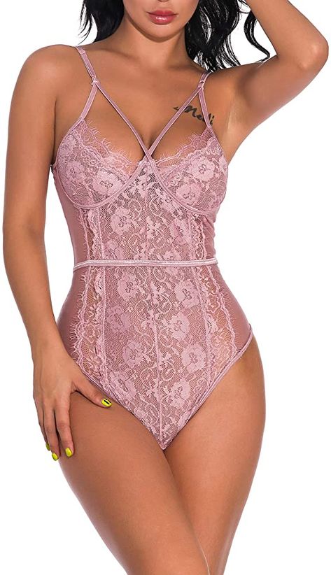 Qiaoer Women One Piece Lingerie Sexy Teddy Bodysuit Deep V See Through Lace Babydoll (Pink #1, L) : Amazon.ca: Clothing, Shoes & Accessories One Piece Lingerie, Teddy Lingerie, Lace Bodycon, Bodysuit Lingerie, Lace Babydoll, Babydoll Lingerie, Bodycon Fashion, Plus Size Lingerie, Lace Bodysuit