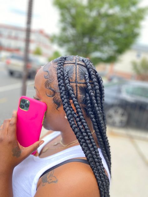 Knotless With Scalp Braids, Jumbo Tribals With Knotless Braids, Puzzle Part Knotless Braids, Scalp Braids With Knotless, Large Triangle Knotless Braids, Freestyle Knotless Braids, Pineapple Braids, Large Knotless Braids Hairstyles, Jumbo Knotless Box Braids