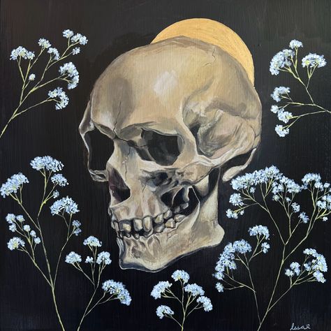 Skull With Flowers Painting, Halloween Acrylic Painting Ideas, Skull Acrylic Painting, English Poster, Jacket Painting, Acrylic Inspiration, English Posters, Cabinet Painting, Baby Breath