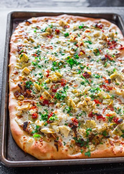 Artichoke, Sun Dried Tomatoes and Goat Cheese Pizza Goat Cheese Pizza Recipes, Tomatoes And Goat Cheese, Artichoke Pizza, Goat Cheese Pizza, Jo Cooks, Goat Cheese Recipes, Craving Pizza, Homemade Pizza Dough, Healthy Pizza