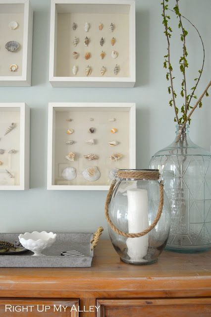 One Room Challenge: Master Bedroom Reveal Shell Shadow Box Ideas, Mermaid Shadow Box Ideas, Shell Shadow Box Diy, Benjamin Moore China White, Shadow Box With Shells, Sea Shell Shadow Box, Large Shadow Box, Seashell Shadow Boxes, Seashell Jewelry Diy