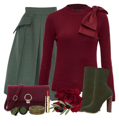 Olive and maroon by joyfulmum on Polyvore featuring polyvore fashion style Ted Baker Edeline Lee Steve Madden H&M Real Purity Bobbi Brown Cosmetics clothing Edeline Lee, Colour Season, Dice Kayek, Green Outfits, Plus Size Fall Fashion, Cartoon Pictures, Green Outfit, Line Skirt, Womens Dress