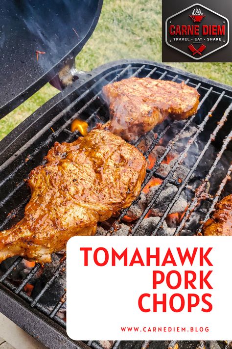 Kansas City Tomahawk Style Pork Chops - Carne Diem Tomahawk Pork Chop Recipe, Pork Chop Grilled, Tomahawk Pork Chop, Marinated Pork Chops Grilled, Grilled Pork Chops Marinade, Beer Bbq Sauce, Bone In Pork Loin, Mexican Grilled Chicken, Pork Rib Roast